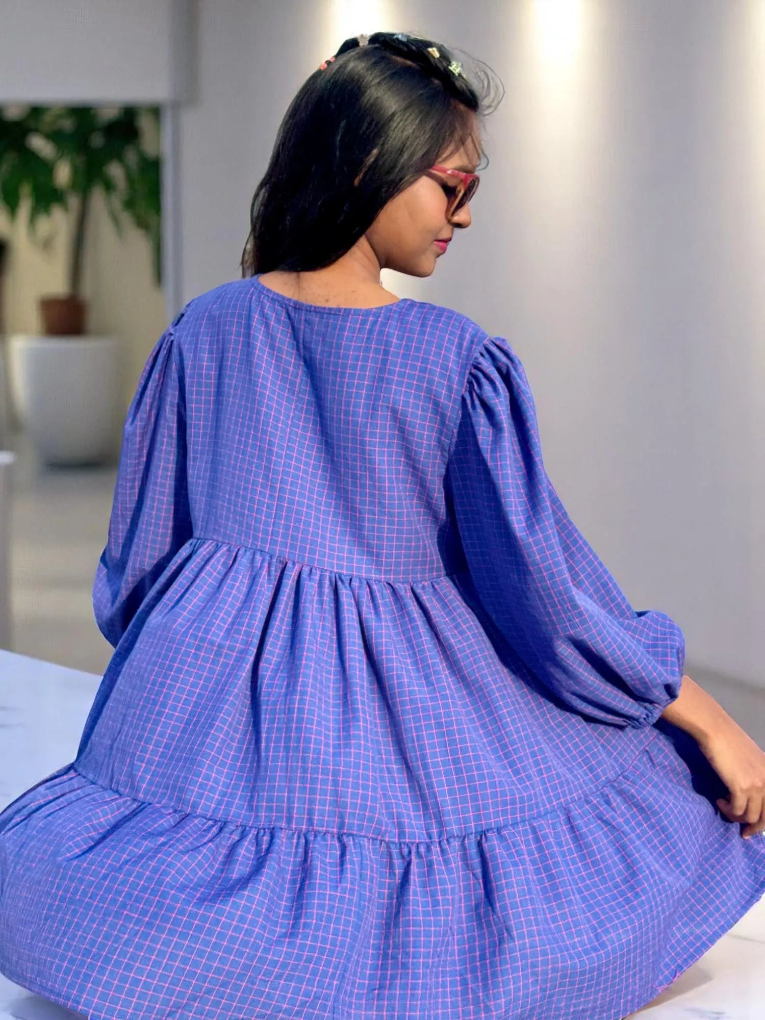 Maahi Handwoven Tiered Dress – Indigo Grid with Braided Detail