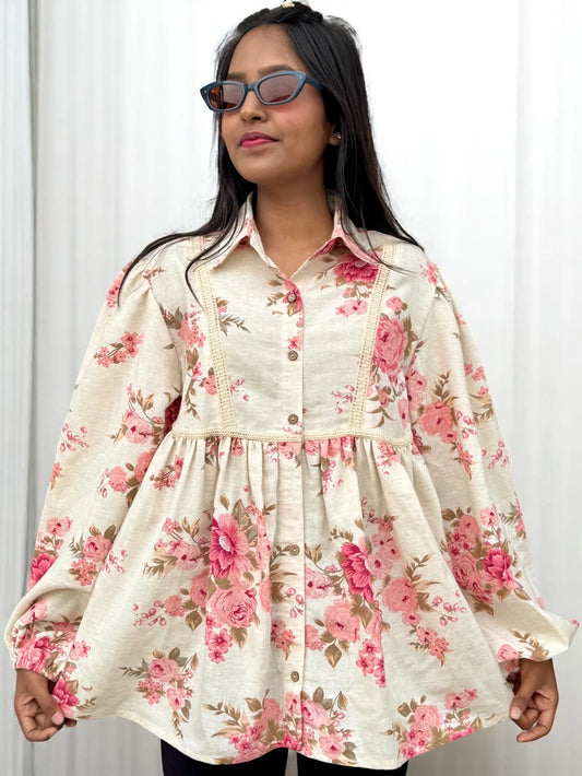 Florélle Vintage Rose Shirt – Blush Pink on Soft Ivory