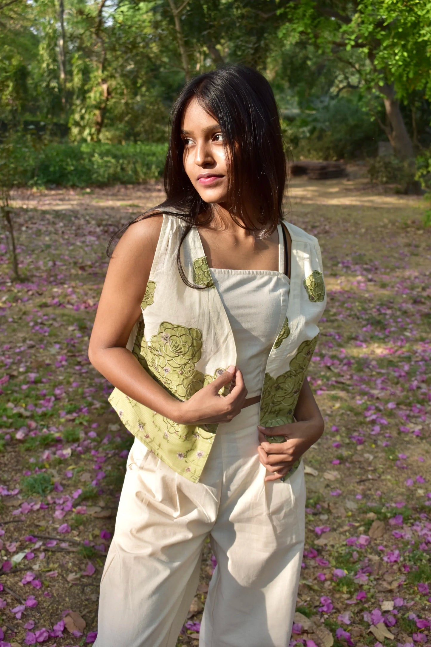 Olive Embroidered Linen Vest Set