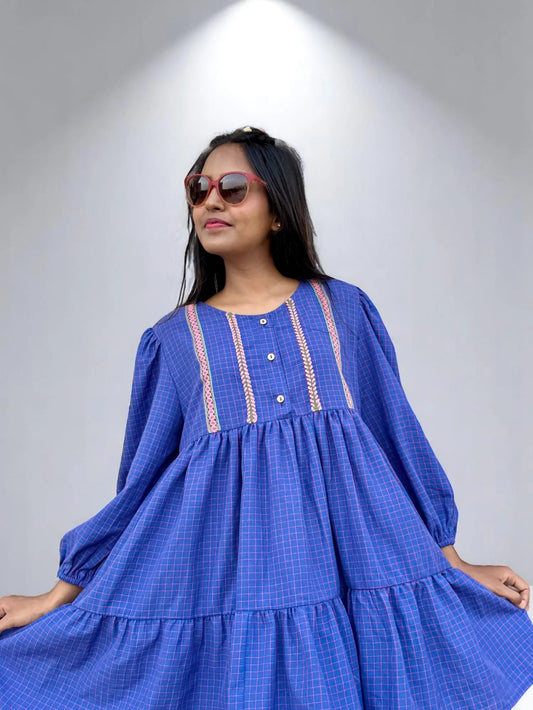 Maahi Handwoven Tiered Dress – Indigo Grid with Braided Detail