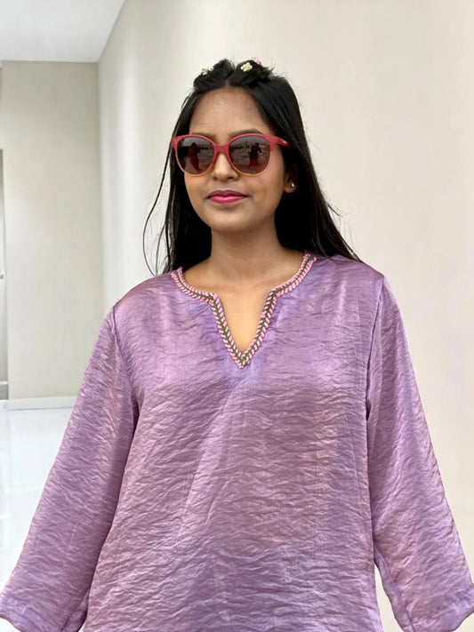 Lavender Glimmer Kurta – Sheer Shine with Hand-Embroidered Neckline