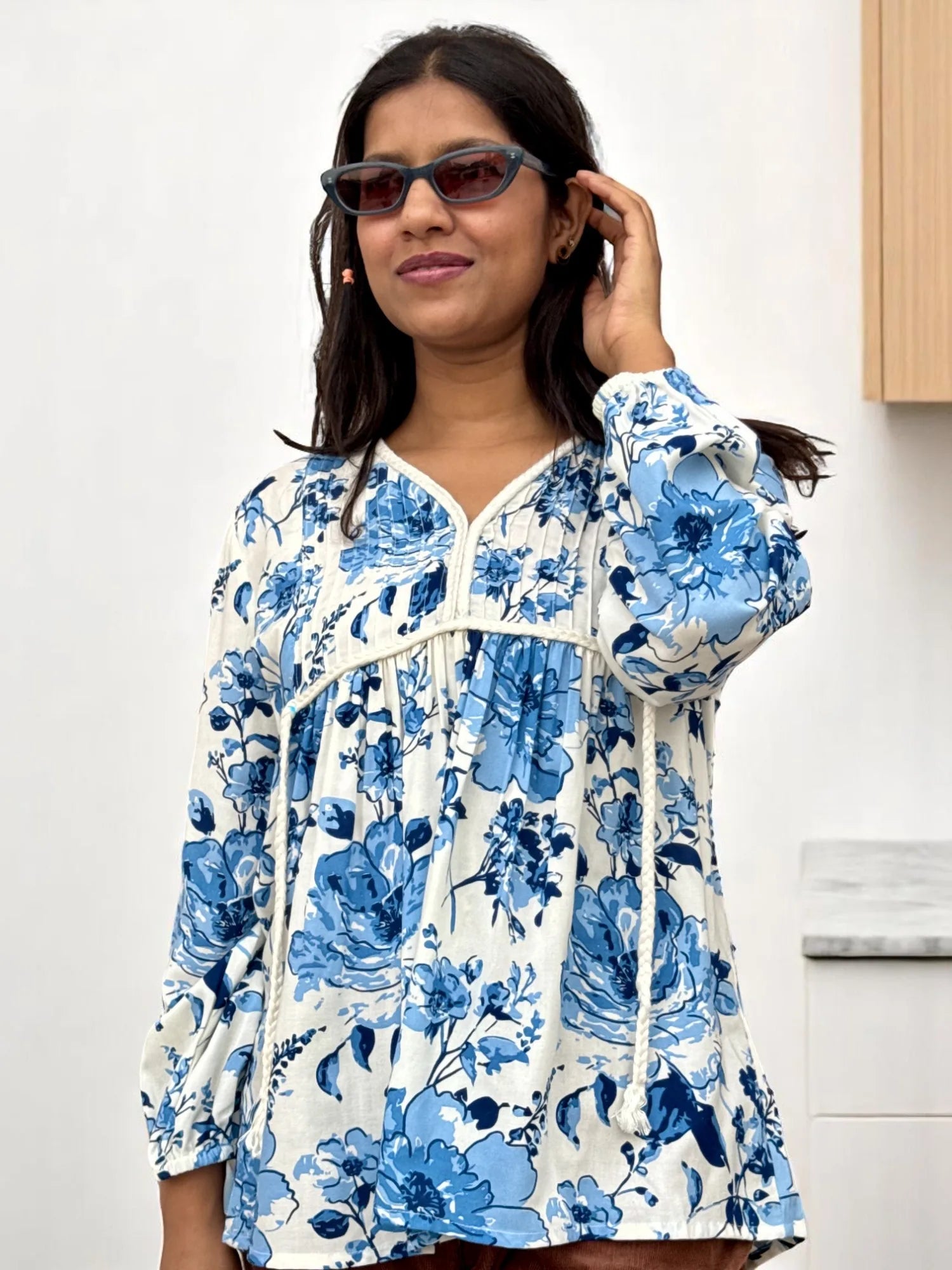 Aarvi Floral Pintuck Tunic – Indigo Bloom
