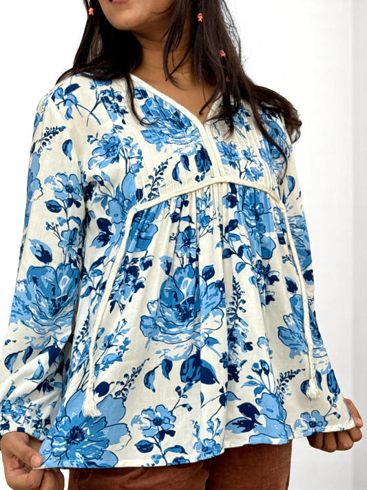 Aarvi Floral Pintuck Tunic – Indigo Bloom