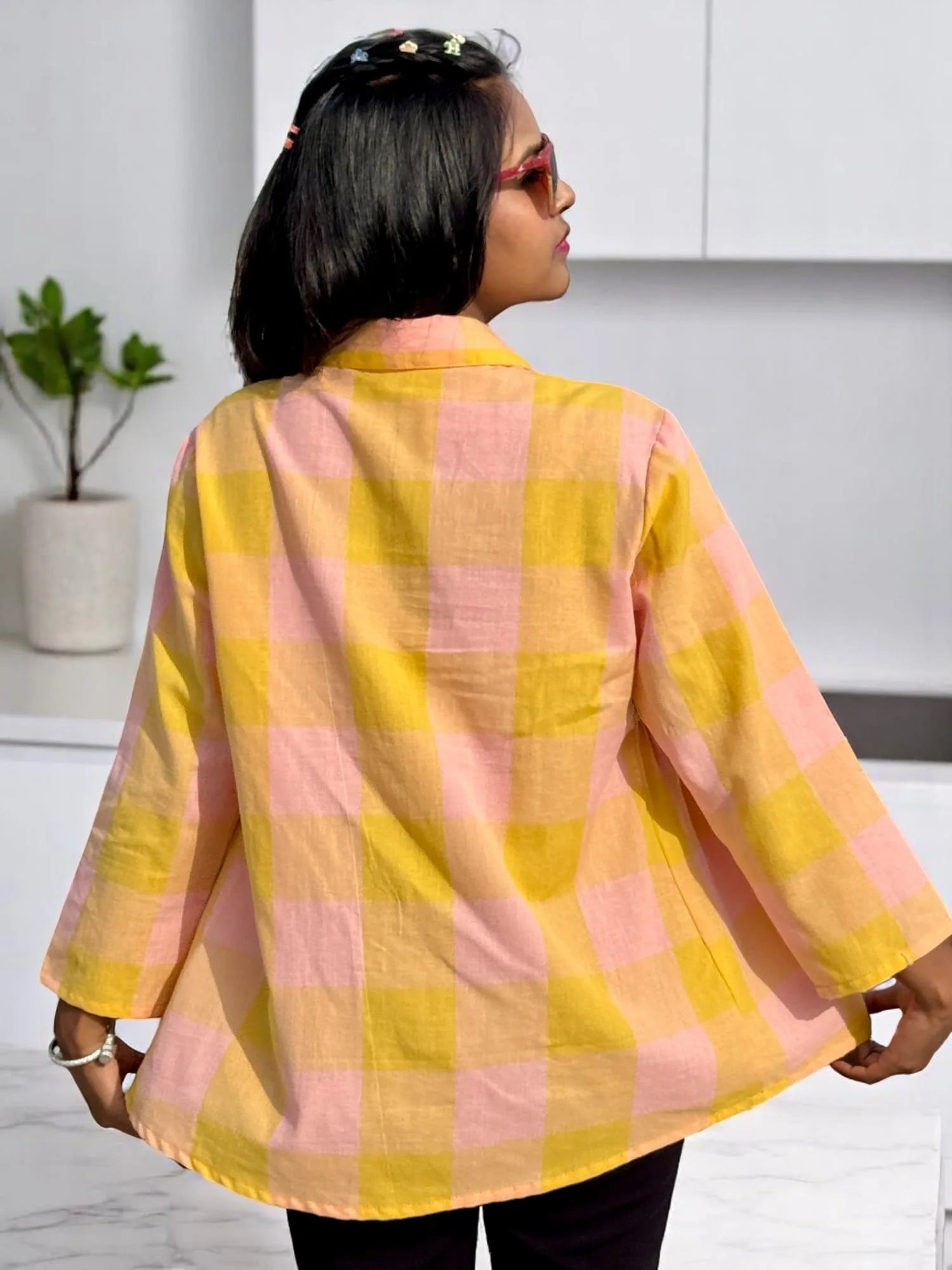 Meher Candy Check Peplum Shirt – Yellow & Blush Pink