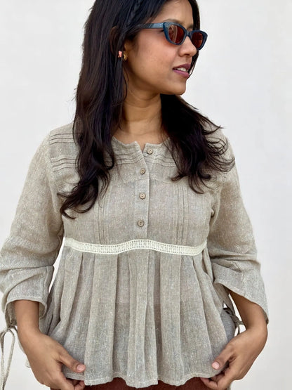 Tara Drawstring Handloom Top – Natural Khadi Beige