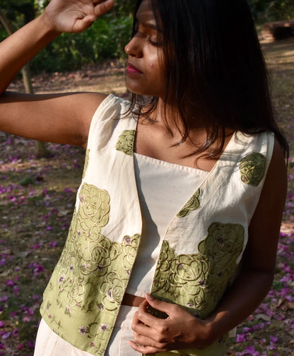 Olive Embroidered Linen Vest Set